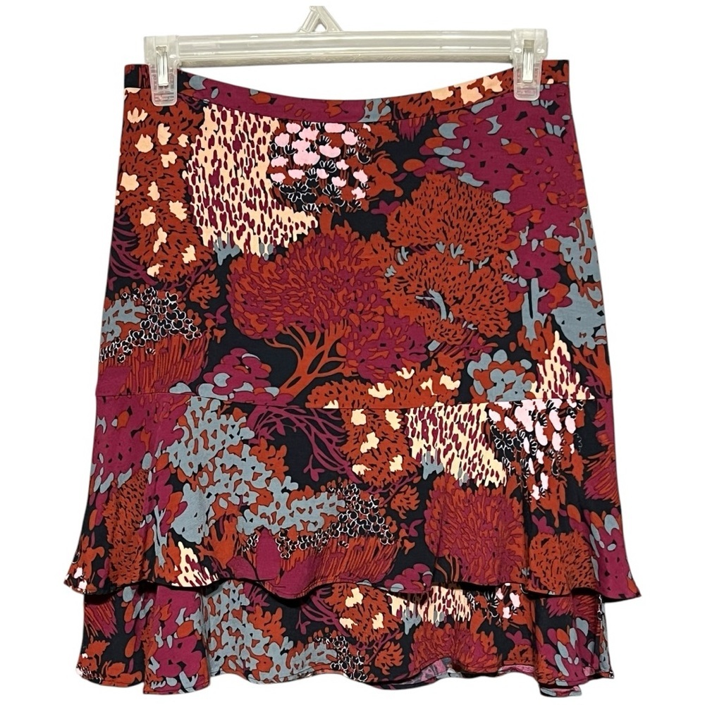 Boden Woodland Ruffled Tiered Skirt Tan Red Size 8